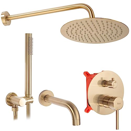 Rea Unterputz Wannen-/Duschsystem Lungo Brush Gold + BOX Duschset Duscharmatur mit Duschkopf und Kopfbrause aus Messing Duschgarnitur für Badezimmer (Gebürstetes Gold)