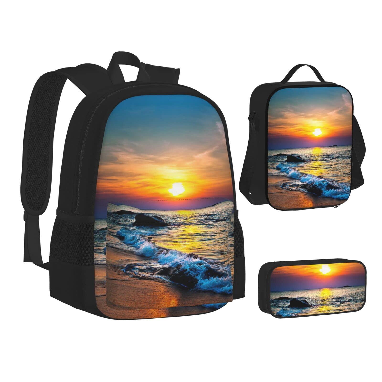 WURTON Büchertasche mit Strand- und Sonnenuntergang-Druck, Lunch-Tasche, Federmäppchen, 3-in-1, Schulrucksack-Set, Kinderrucksack