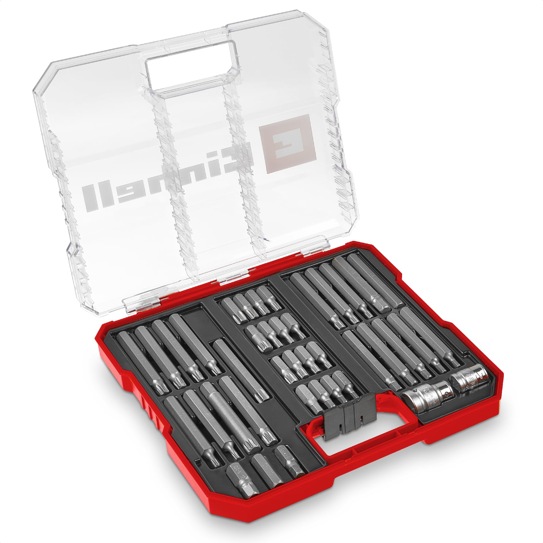 Original Einhell XL-CASE 40-tlg. KFZ-Bit-Set (Kraftbits aus CrV-Stahl mit 10-mm-Sechskantschaft, Stecknussadapter 10 mm Hex zu 3/8" und zu 1/2" Vierkant inkl. Aufbewahrungsbox)