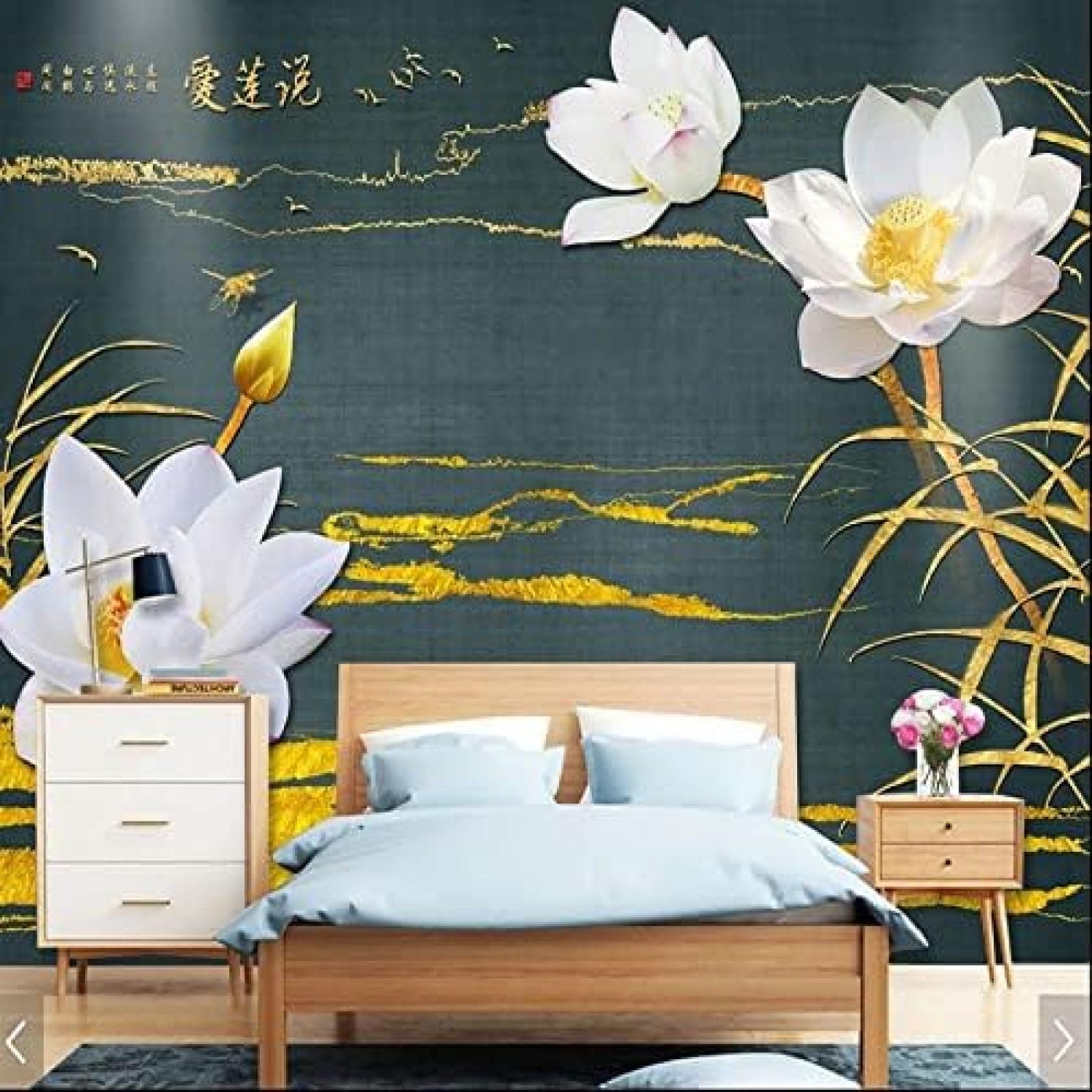 XLMING Goldenes Wasserzeichen Lotus 3D Tapete Wohnzimmer Sofa Schlafzimmer Esszimmer Home Dekoration Wand-400cm×280cm