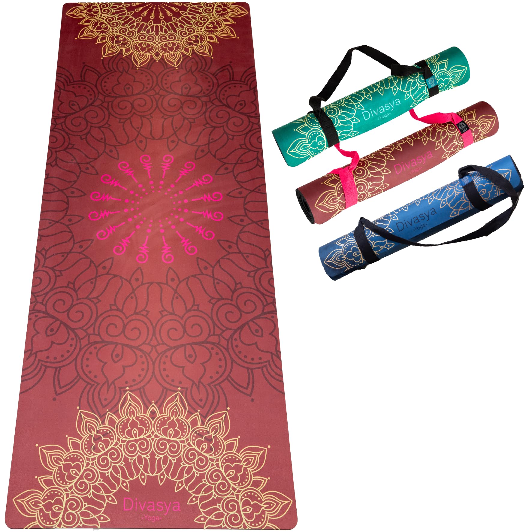 DIVASYA Premium nachhaltige Yogamatte rutschfest: Naturkautschuk rutschfest & saugstarke Mikrofaser-Oberfläche, großzügige Maße (183x68x0,5cm), Tragegurt & Fixierband, Yoga Matte