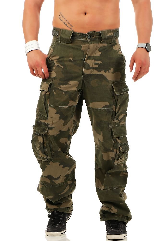 Jet Lag Herren Cargohose Hose 007 Loose-Fit Seitentaschen dark Camouflage L/34