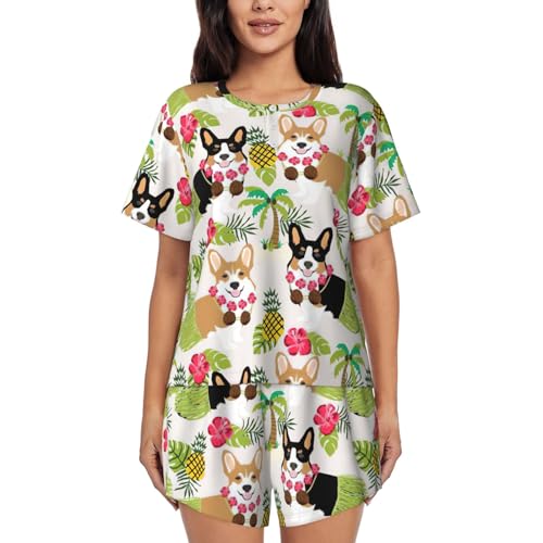 YQxwJL Corgi Damen-Pyjama-Set, Hawaii, tropischer Sommer, Ananas-Druck, kurze Ärmel, Lounge-Set, Nachtwäsche, lässiger Schlafanzug mit Taschen, Schwarz , 38