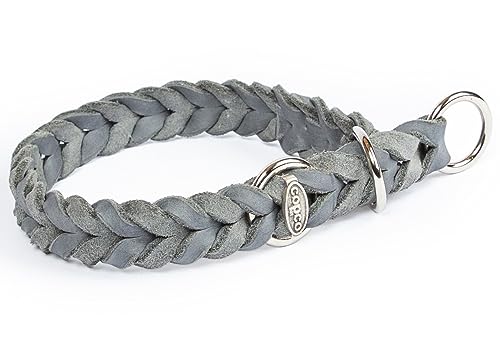 CopcoPet - Fettleder Hundehalsband Würger geflochten mit verchromten Zugstopp-Ring, Grau 40-45 cm x 25 mm Hunde Halsband