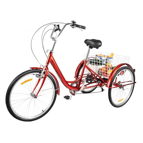 Fridgestea 24 Zoll Dreirad für Erwachsene, 3 Räder 6-Gänge Fahrrad Erwachsenendreirad Tricycle Bike mit Lampe Einkaufskorb für Damen Herren Senioren (Rot)