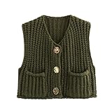 Sweater Vests Women 2024, Women's Button Front V Neck Sleeveless Crochet Solid Checkered Knit Sweater Vest with Pockets (Military Green,Large)