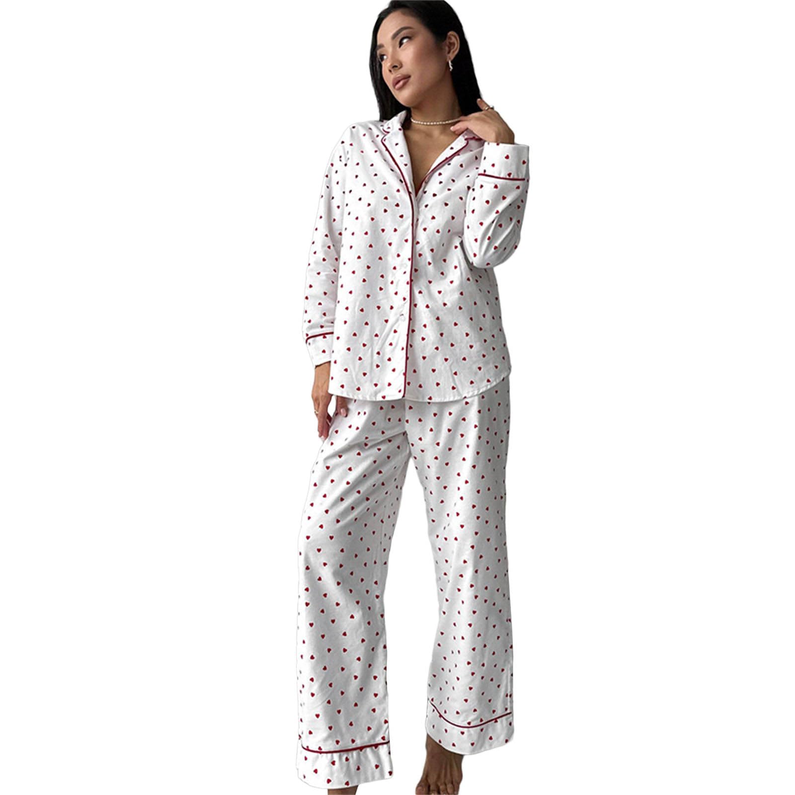 TAKOXIA Damen-Pyjama-Set mit süßem Herzmuster, langärmelig, Nachtwäsche, Reverskragen, Hemd und Hose, Loungewear, 2-teilig