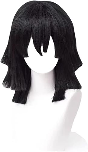 LINLINCD-Wig Anime Cosplay Anime Demon Slayer Cosplay Schwarze Perücke for Iguro Obanai Frauen kurz gerade geschichtet mit Pony Kunsthaar mit Perückenkappe for Halloween Party Karneval