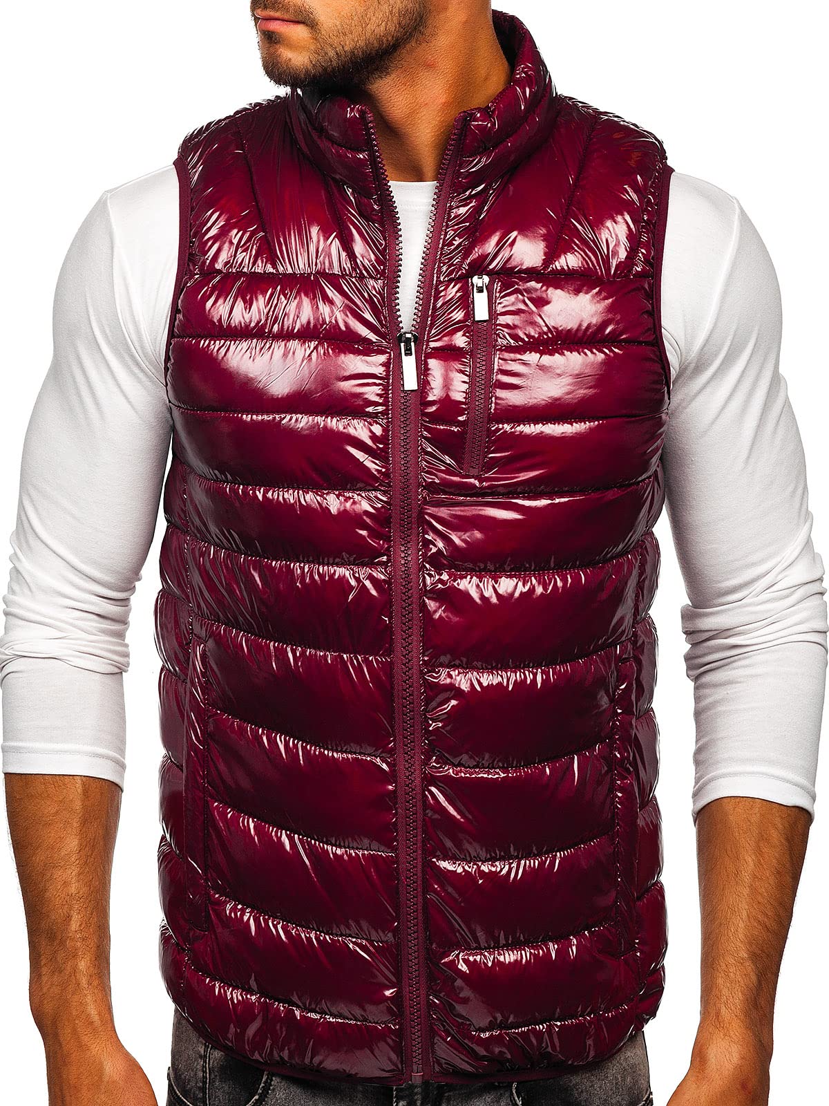 BOLF Herren Weste Stehkragen Steppweste Bodywarmer Daunenweste Reißverschluss Weste Ärmellose Sportweste Zip Wärme Freizeit Outdoor Style R0109A Weinrot M [1U1]