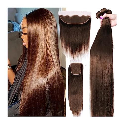 Human Hair Bundles Schokoladenbraune, glatte Echthaar-Bündel mit 4x4-Spitzenverschluss, frontal, 25,4–81,3 cm, brasilianische Remy-Haarwebart, Bündel mit Verschluss human hair weave (Size : 4" x 4",