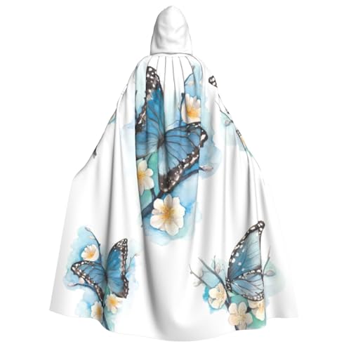 WURTON Blauer Schmetterling auf Blüte Blumendruck Unisex Kapuzenumhang Halloween Karneval Vampir Cosplay Umhang Kapuzenumhang Kostüm