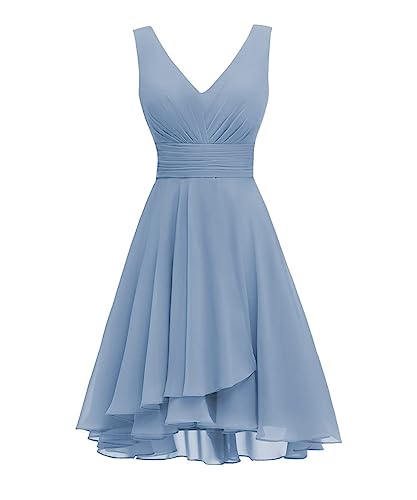 Kurzes Brautjungfernkleid für Damen, doppelter V-Ausschnitt, gerüscht, Chiffon, formelles Cocktailkleid für Party, Heimkehr, stahlblau, 46