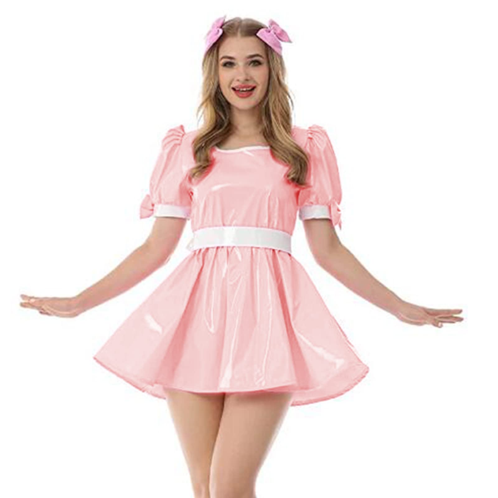 Leder PVC Kleid Damen Kragen Vinyl Minikleid Sommer Jungfrau Kostüm Fancy Bow Oversize Weibliches Kleid, Lotuswurzel Rosa, 4XL