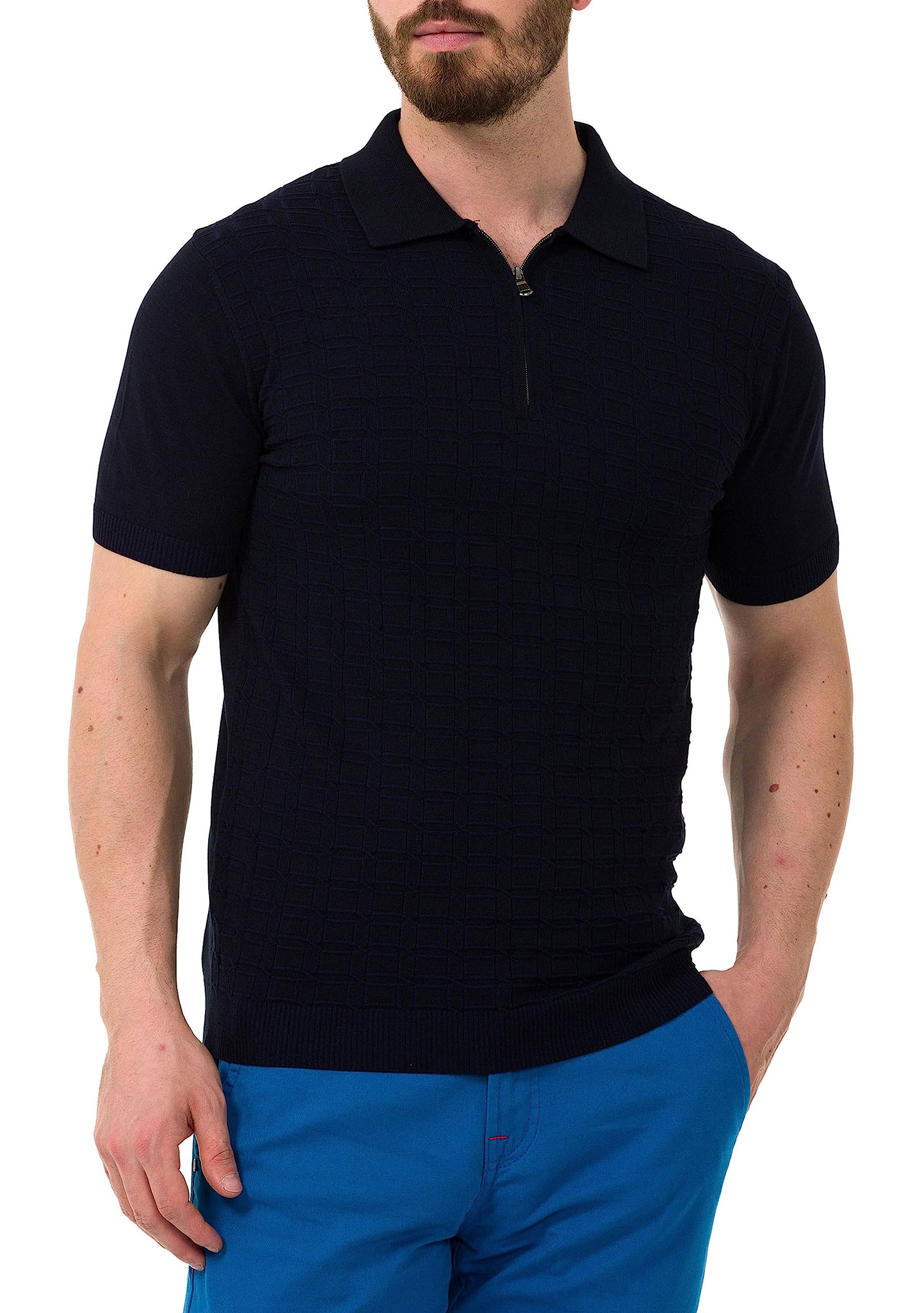 Cipo & Baxx Herren Poloshirt Strıck Reıßverschluss Kurzarm CT752 Dunkelblau M