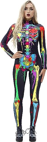 RIAAJ Halloween Kostüm Damen Skelett Overall 3D Print Langarm Skinny Catsuit Cosplay (A3,S)