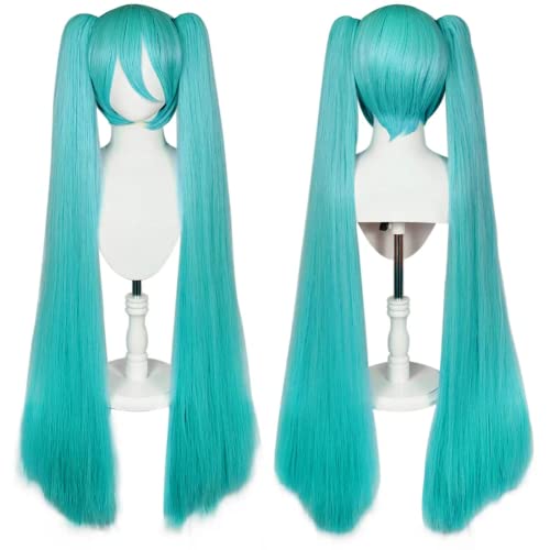 JGZGCG Hatsune Miku Lolita Cosplay Perücke Grün Perücke mit Pony für Frauen mit Zwei Pferdeschwänzen Lange Gerade Synthetische Grün Cosplay Perücke für Halloween Kostüm Party