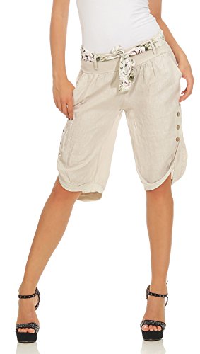 Mississhop 281 Damen Capri 100% Leinen Bermuda lockere Kurze Hose Freizeithose Shorts mit Gürtel und Knöpfen Beige M