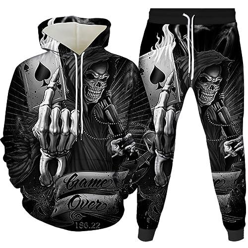 3D Totenkopf Punk Rock Jogginganzug Sportanzug Herren Skull Trainingsanzug Sportanzug Pullover+Hose (A1,4XL)