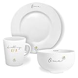 mintkind® Geschirr Set Lieblingsoma: Kaffeetasse mit Teller und Schale - in weiß mit Echtgold-Dekor - Tolle Geschenke für Oma von Tochter, Sohn und Enkel