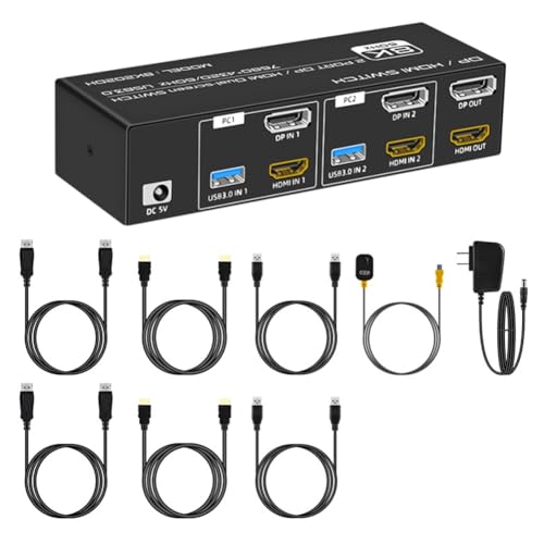 HVVENTY 8K 60Hz DP/-Kompatibler KVM-Switch USB 3.0 2 Monitore 2 Computer KVM-Switch für Maus Tastatur Monitor EU-Stecker