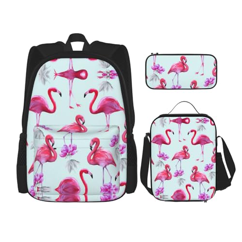 WURTON Schulterrucksack, 3-in-1-Büchertaschen-Set, Lunchbox, Federmäppchen, Reise-Laptop-Tagesrucksack, rosa Flamingo-Muster