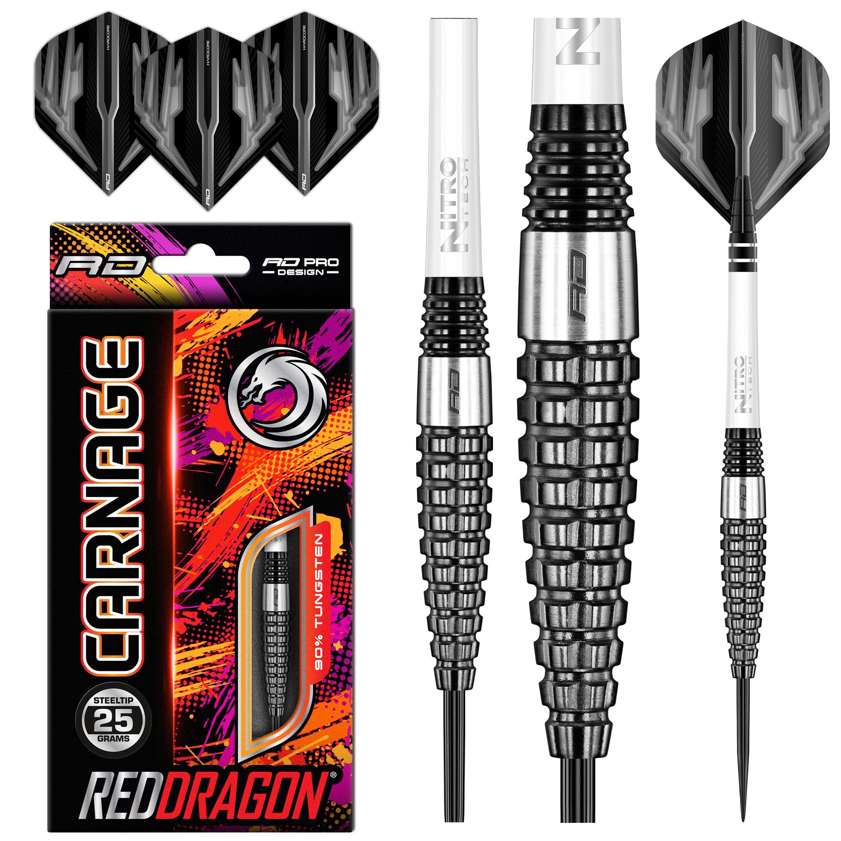 RED DRAGON Carnage 3: 25g Tungsten Darts mit Flights und Schäfte