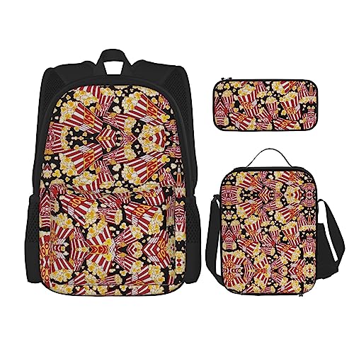 WURTON Popcorn-Druck Lunchbox Federmäppchen Rucksack Set 3 Stück Verstellbare Träger Langlebig Leicht Schwarz Einheitsgröße, Schwarz, One Size