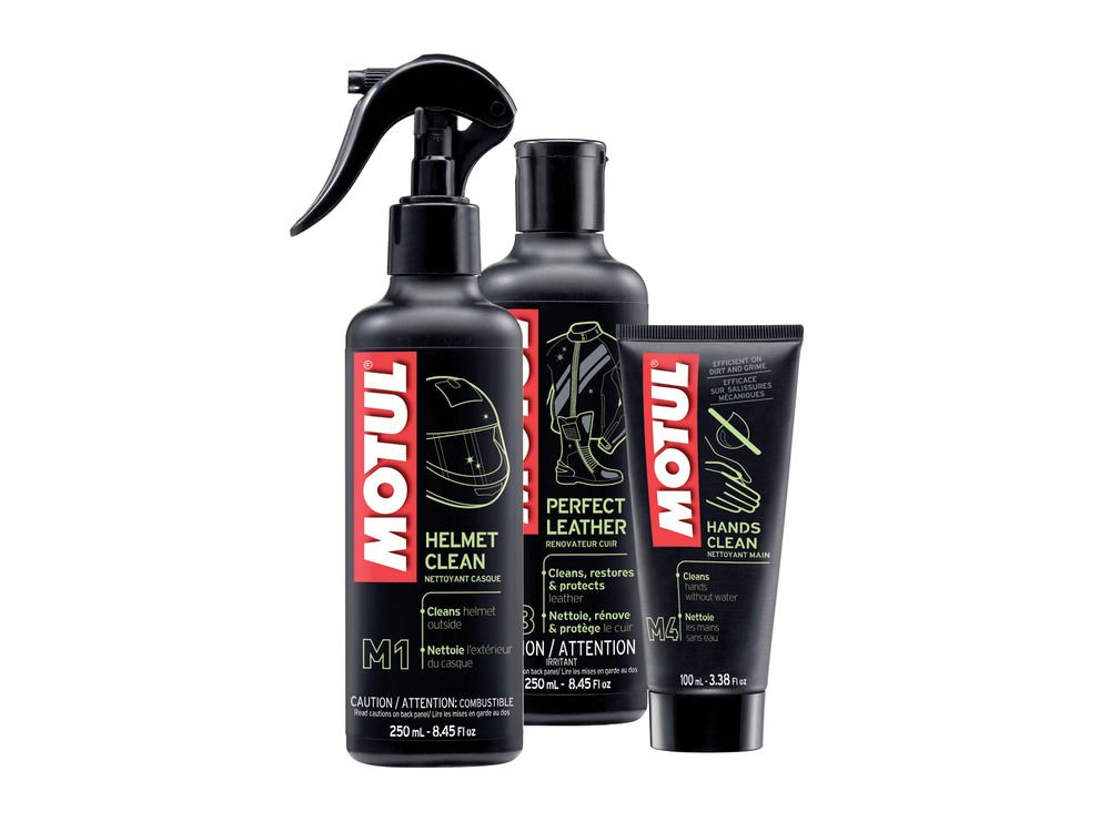 Motul – MC Care, Pflegeset für Motorrad-Ausrüstung M1, Reinigungsmittel für Außenbereich des Helmes 250 ml + M3 Lederreiniger 250 ml + M4 Händereiniger 100 ml