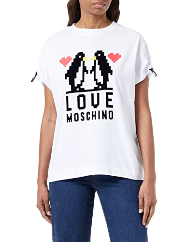 Love Moschino Women's Regular fit Short-sleevedwith Shoulders Curled with Logo Elastic Drawstring T-Shirt, Optical White, 38