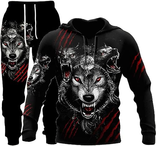 RIAAJ 3D Printed Herren Wolf Druck Trainingsanzug Männer Jogginganzug Hoodie Tops Hosen Sets Sport Anzug (A2,M)