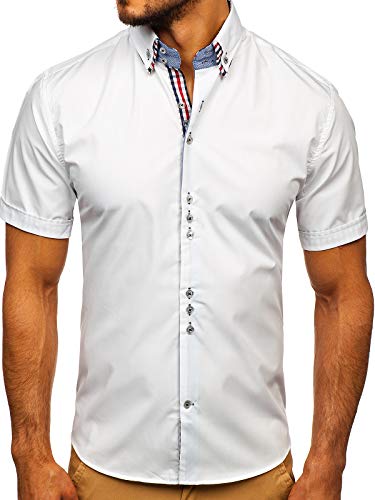 BOLF Herren Hemd Kurzarm Sommerhemd Figurbetont Bügelleicht Baumwollmischung Unifarben Basic Slim Fit 3507 Weiß M [2B2]