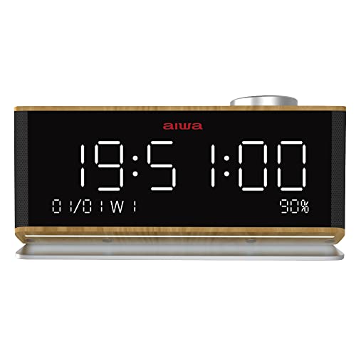 Aiwa CR-15 Radiowecker, kompaktes Smart Wood Design, 24h weißes LED Big Display mit 3 Dimmer Funktion. Datum & Nachtlicht