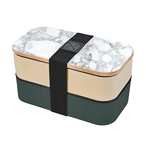 Hellschwarze Marmor-Bento-Box mit Doppelriemen: >> mit Besteck, 18 x 9 x 10 cm, kein BPA, kein eigenartiger Geruch, geeignet für Picknick, Schule, Arbeit. Dunkelgrün