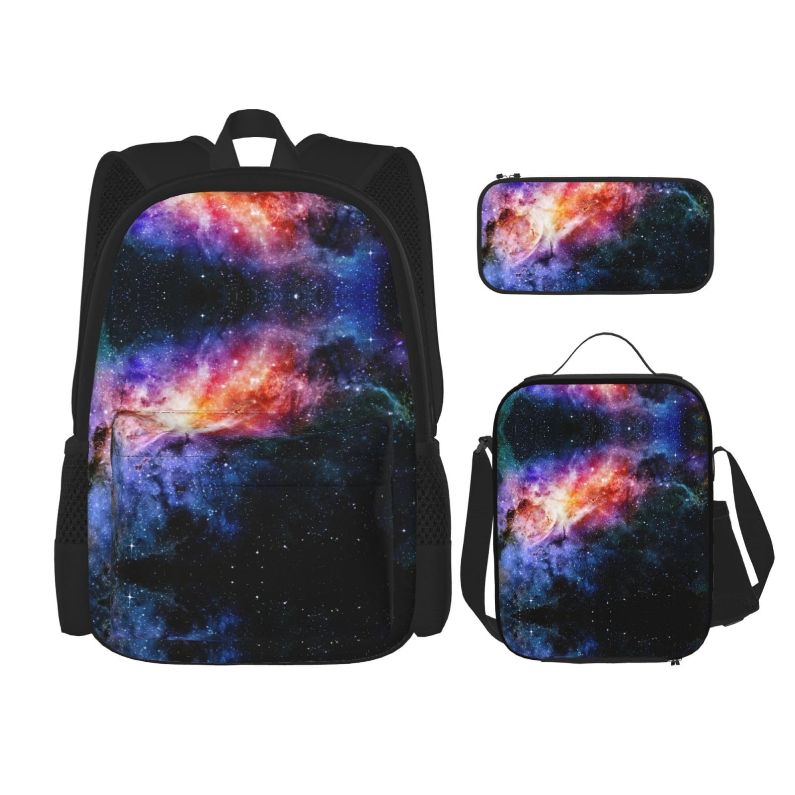 WURTON 3-in-1 Büchertaschen-Set, Motiv: Galaxie im Universum, verstellbarer Schulterrucksack, Lunch-Tasche, Federmäppchen, Beutelbox, Schwarz, Einheitsgröße