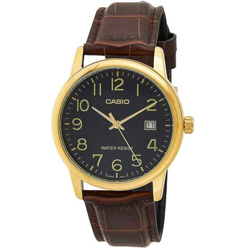 Casio #MTP-V002GL-1B Men's Standard Analog Gold Tone Leather Band Day Date Watch