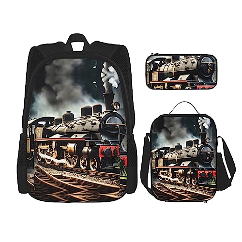 YQxwJL 3-in-1-Rucksack-Büchertaschen-Set, Halloween, niedlicher Kürbisdruck, lässiger Reiserucksack, mit Federmäppchen, Lunchtasche, Dampflokomotive Zug, Einheitsgröße