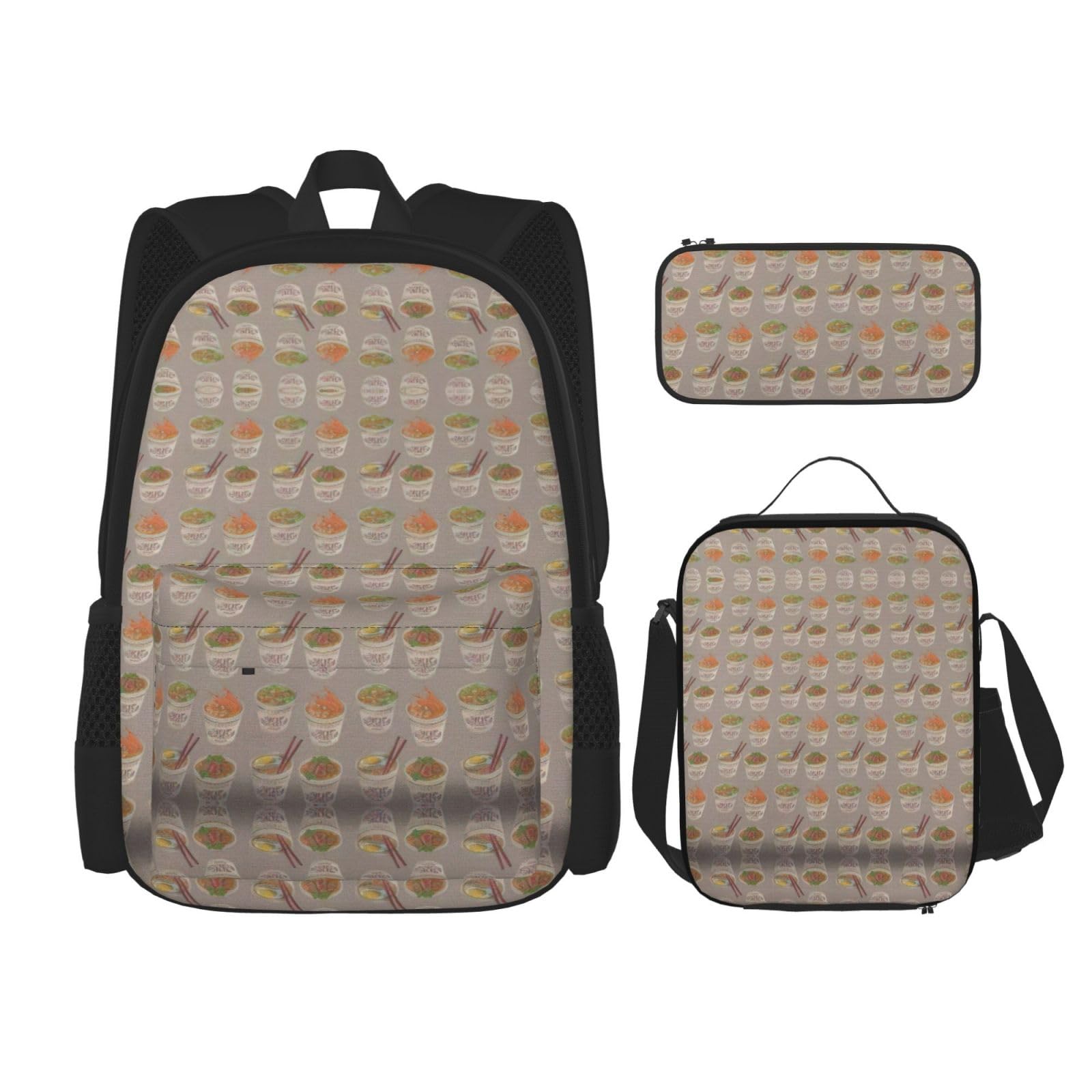 WURTON Eierbecher Nudel-Ramen-Druck, trendige Rucksacktaschen, Lunchbox und Federmäppchen, 3-in-1 verstellbares Rucksack-Set, schwarz, Einheitsgröße, Schwarz , Einheitsgröße