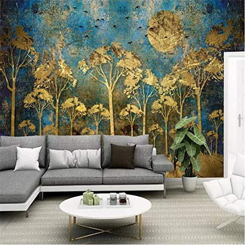 XLMING Einfache Landschaft Malerei Jahrgang Blau Und Gold Elch Wald 3D Tapeten Home Esszimmer Sofa Schlafzimmer Wohnzimmer TV Hintergrund-250cm×170cm