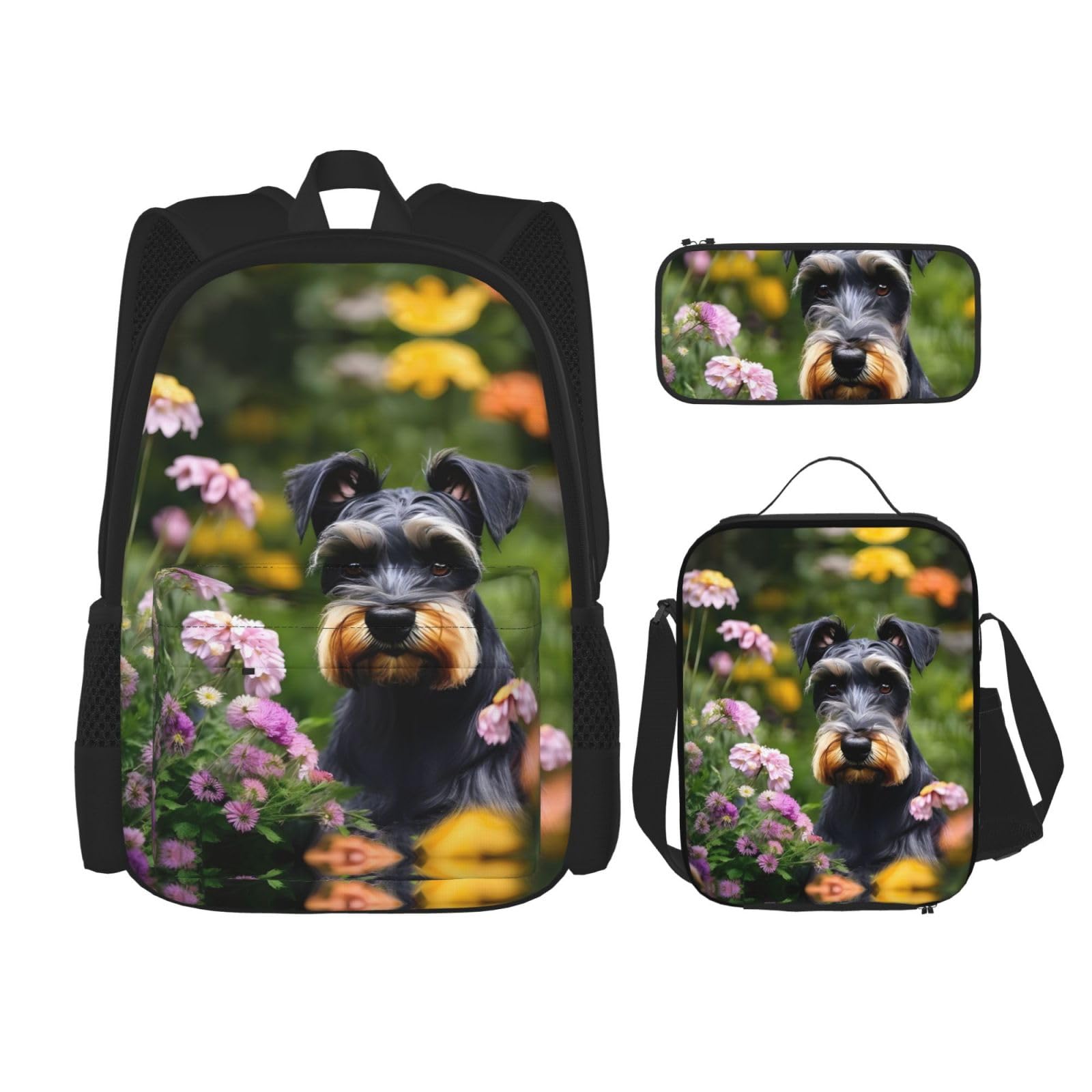 WURTON Schnauzer Print Lunchbox Federmäppchen Rucksack Set 3-teilig Verstellbare Träger Langlebig Leicht, Schwarz, One Size