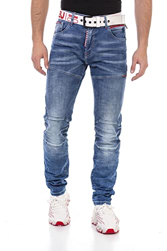 Cipo & Baxx Herren Jeans Hose Straight Fit Denim Jeanshose Reißverschluss Naht Pants CD698 Blau W29 L32