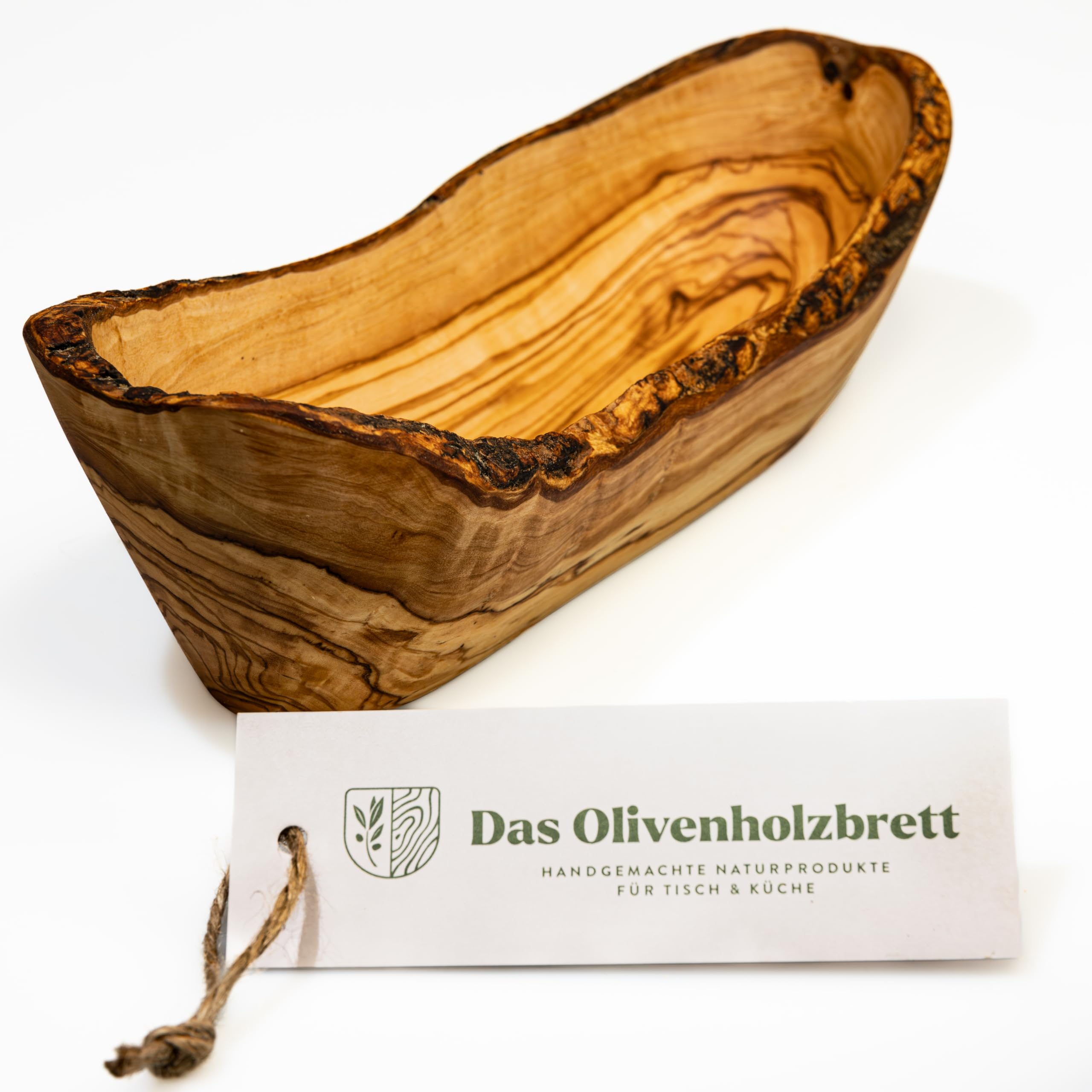 das Olivenholzbrett® / typisch schmal geschnittene Baguetteschale Olivenholz/Brotschale aus Holz, naturbelassener Rand, 25 cm