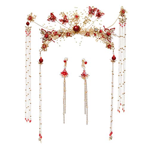 MDHQ Schmuck-Set für Damen und Mädchen, chinesischer klassischer Blumen-Kopfschmuck, Ohrringe, Haarschmuck