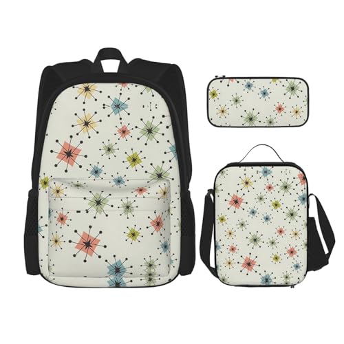 WURTON Absctract Geometrisches Muster Weltraumdruck Reise Lunchbox Federmäppchen Rucksack Set 3 Stück Verstellbare Träger Leicht, Schwarz, Einheitsgröße