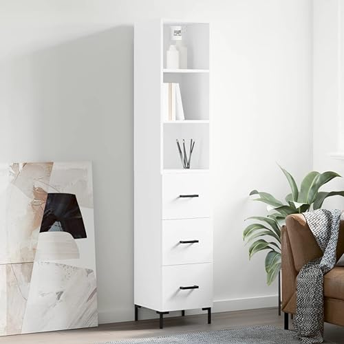 Highboard Weiß 34,5x34x180 cm Holzwerkstoff,Elegantes Highboard: Weißer Stauraumschrank mit Metallfüßen für das Wohnzimmer