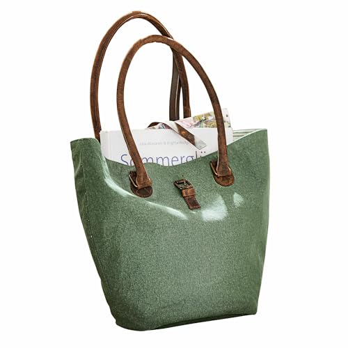 Loberon Tasche Ambre, modisch & mit viel Stauraum, hübsches Streifenmuster innen, Shopper, Henkeltasche, Baumwolle, Rindsleder, grün/braun