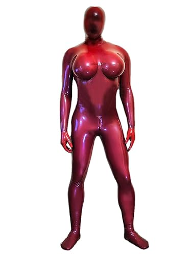 Sexy Männer Latex Ganzkörper-Catsuit Gummi-Bodysuits Kapuze Gefälschte Brusttasche Crossdress mit Reißverschluss im Schritt