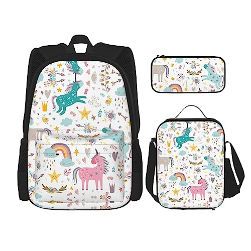 WURTON 3-in-1-Set mit Einhorn-Motiv, verstellbar, Schulter-Rucksack, Lunch-Tasche, Federmäppchen, Beutel, Box, Schwarz, Einheitsgröße