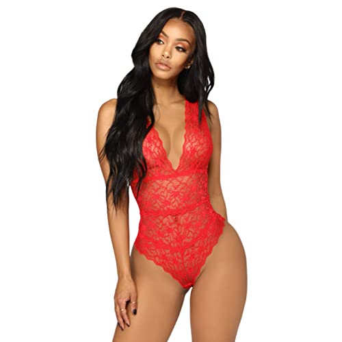 Damen Reizwäsche Teddy Unterwäsche Sexy Mesh Bodysuit Mit Spitzennähten Sexy Pyjama Unterwäsche Rot Xl