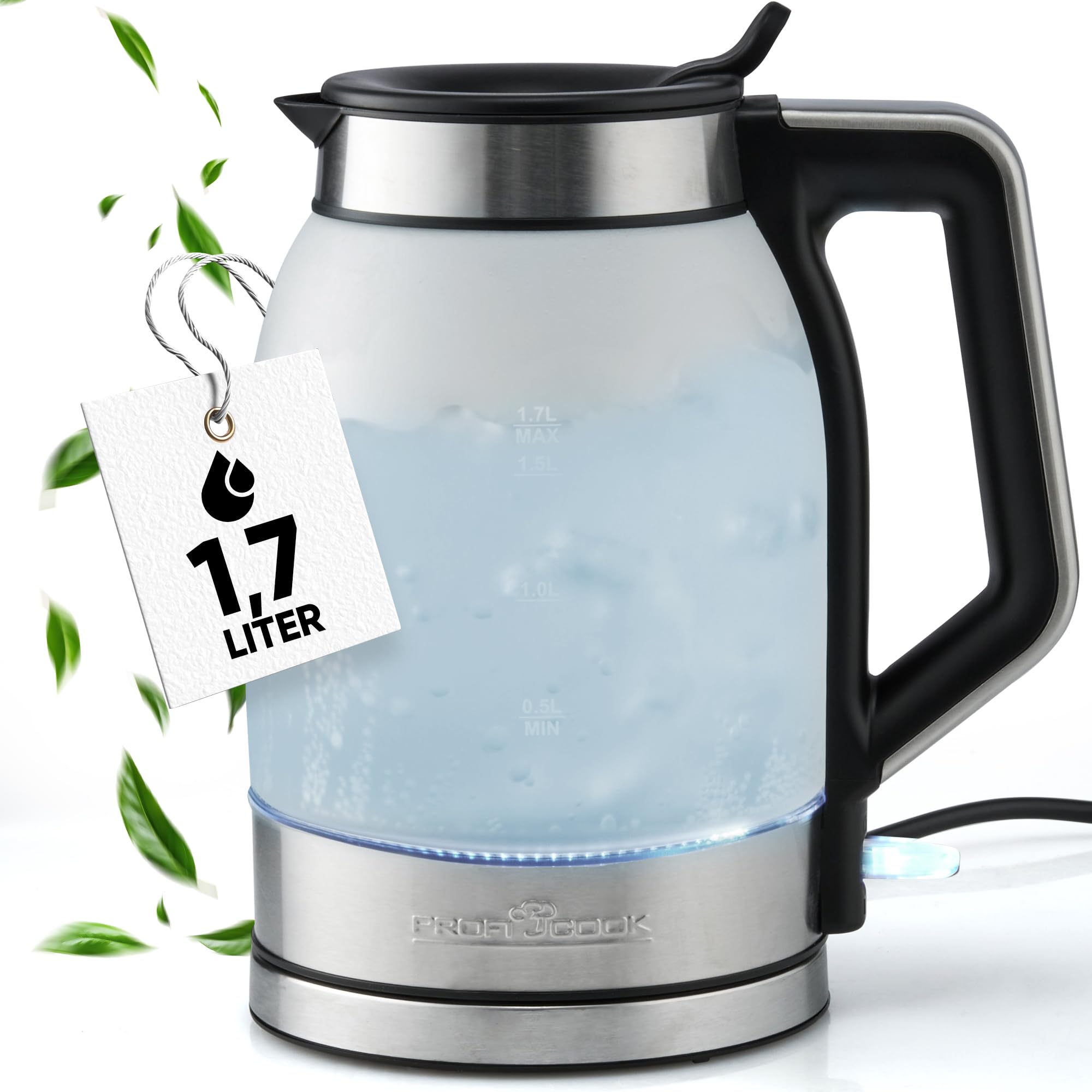 ProfiCook® Wasserkocher 1,7 Liter mit satiniertem Glas | blau beleuchteter Wassertank | Wasserkocher Glas mit 1,7L | Kettle mit selbstschließender Einfüllöffnung | BPA-frei | 2200W | PC-WKS 1215 G