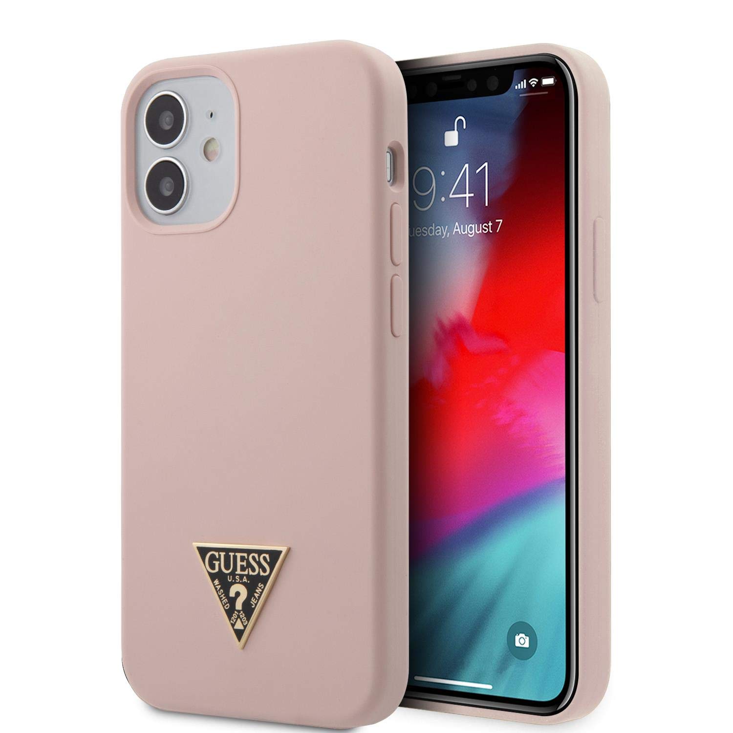 Guess GUHCP12SLSTMLP Silicone Triangle Logo Hülle für iPhone 12 Mini 5,4" Hell-Pink